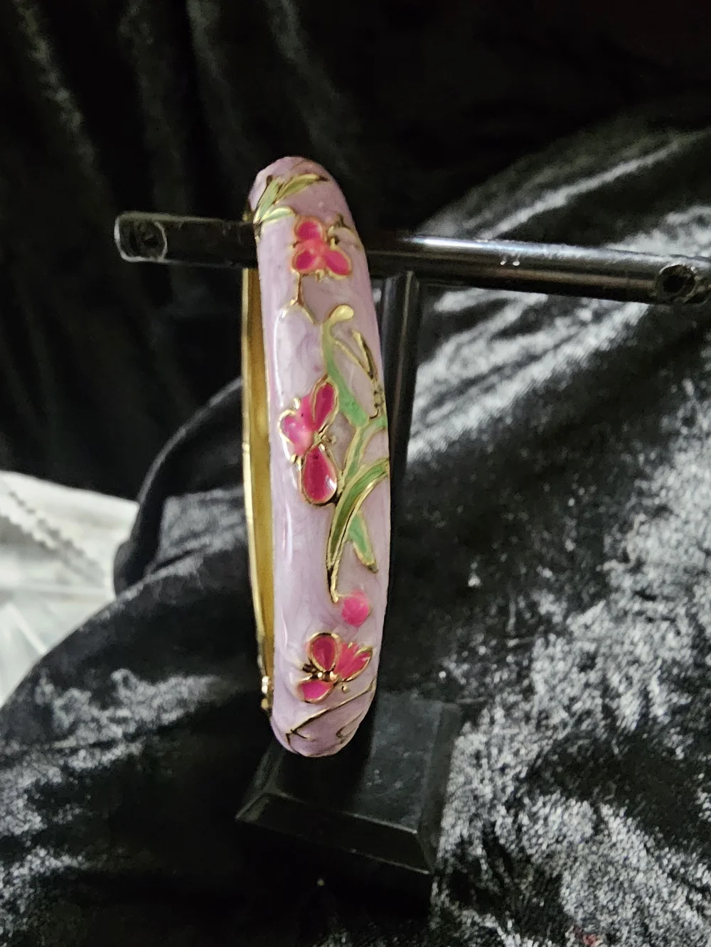 Gold-Tone Pink Floral Enamel Hinged Bangle Bracelet